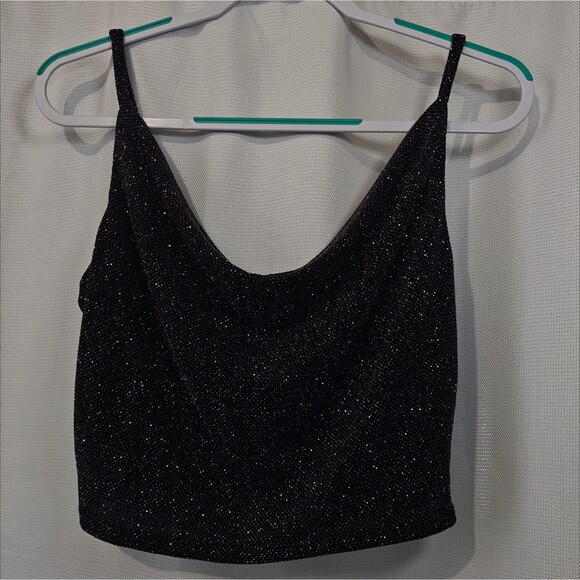 Vtg 90s Mesh Crop Tank Top M Medium Black Whimsigoth Sparkle Glitter Cowl - Picture 2 of 8